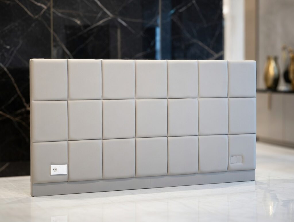 Panel tapicerowany P913 z jasnych, kwadratowych modułów zamontowany na ścianie w nowoczesnym wnętrzu.