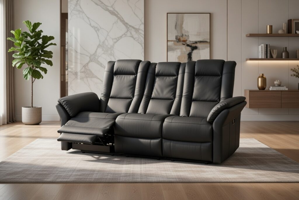 Czarna skórzana sofa z funkcją relaks ustawiona w nowoczesnym salonie z jasną podłogą, rośliną i dekoracyjną ścianą.