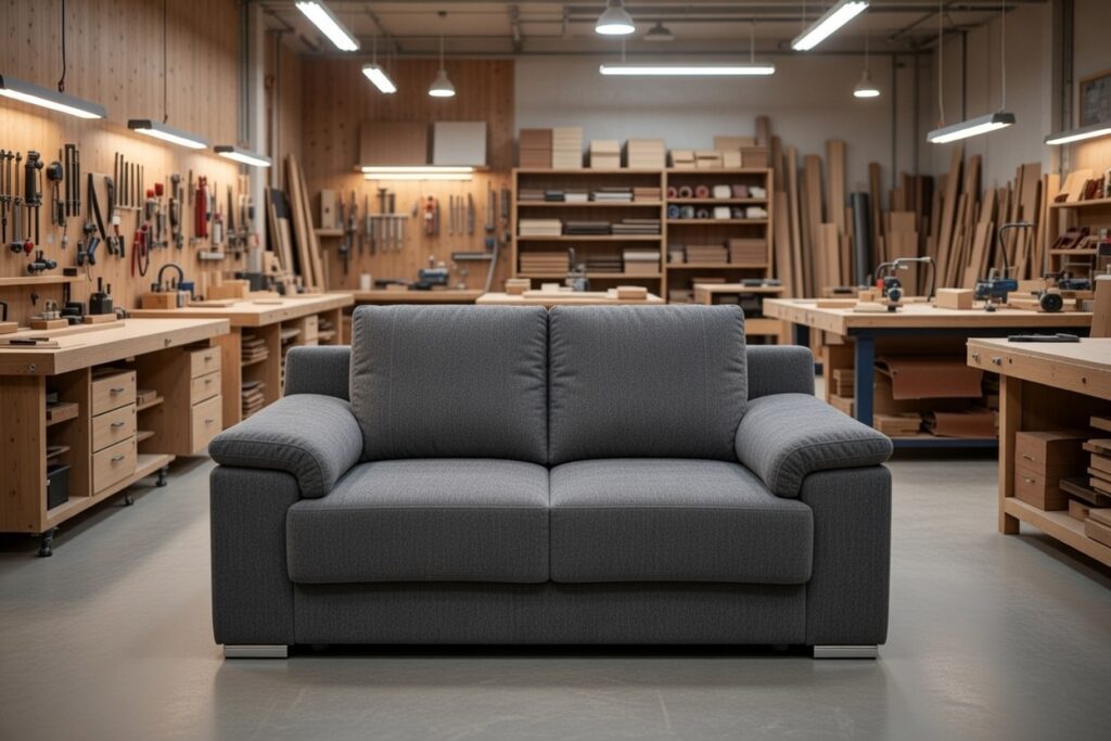 Szara tapicerowana sofa ustawiona w nowoczesnej pracowni stolarskiej z narzędziami i drewnem w tle.