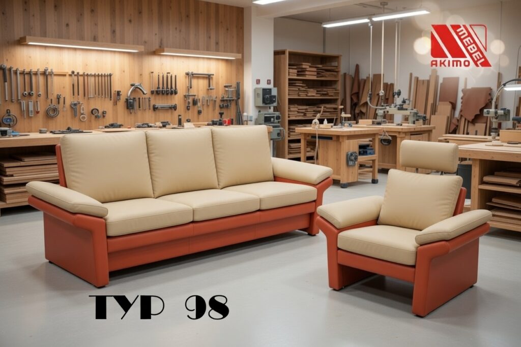 Beżowy zestaw wypoczynkowy z drewnianą ramą w pracowni stolarskiej z narzędziami na ścianie.