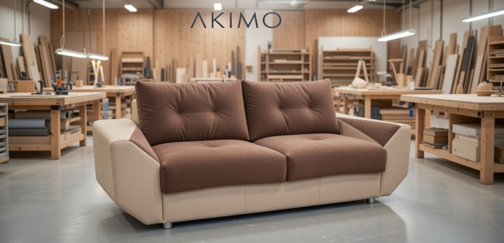 Brązowo‑beżowa dwuosobowa sofa o nowoczesnym designie ustawiona w pracowni stolarskiej z narzędziami i drewnem w tle.