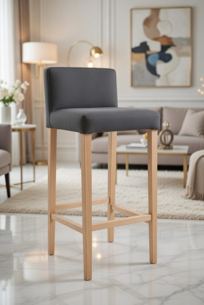 Hoker K703 z tapicerowanym, ciemnoszarym siedziskiem i jasnymi drewnianymi nogami stojący w nowoczesnym salonie z sofą, lampą i dekoracjami.