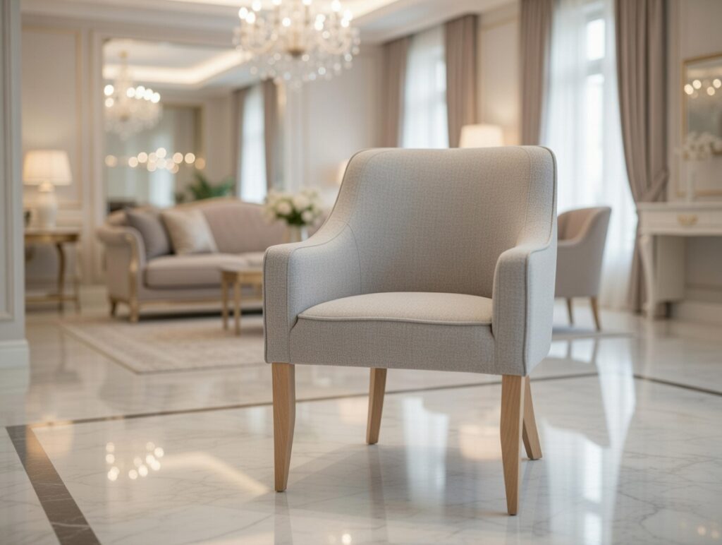 Fotel K706 z jasnoszarą tapicerką i drewnianymi nogami stojący w eleganckim salonie z sofą, lampami i dużymi oknami.