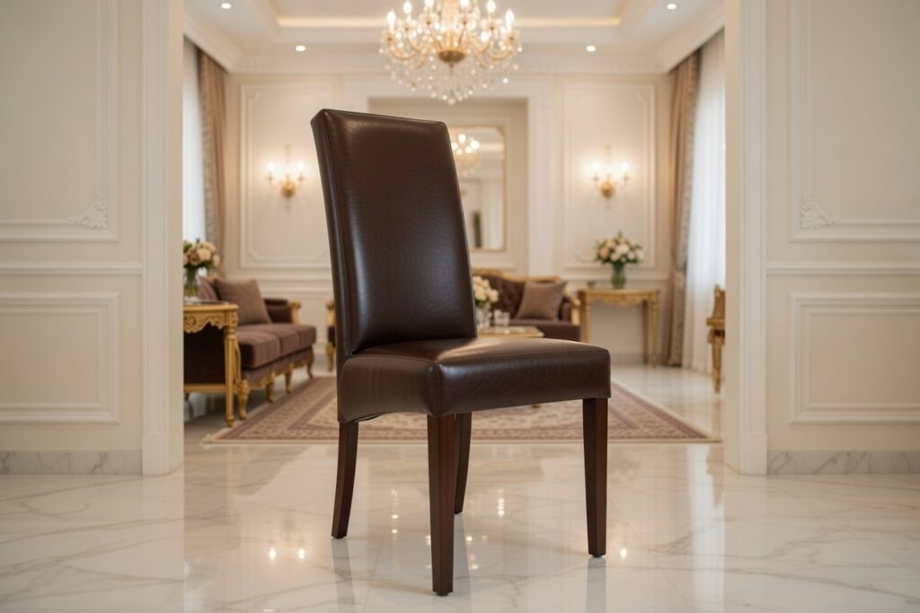 Krzesło K708 z ciemnobrązową skórzaną tapicerką i drewnianymi nogami stojące w eleganckim, jasnym pomieszczeniu z marmurową podłogą i klasycznymi meblami.