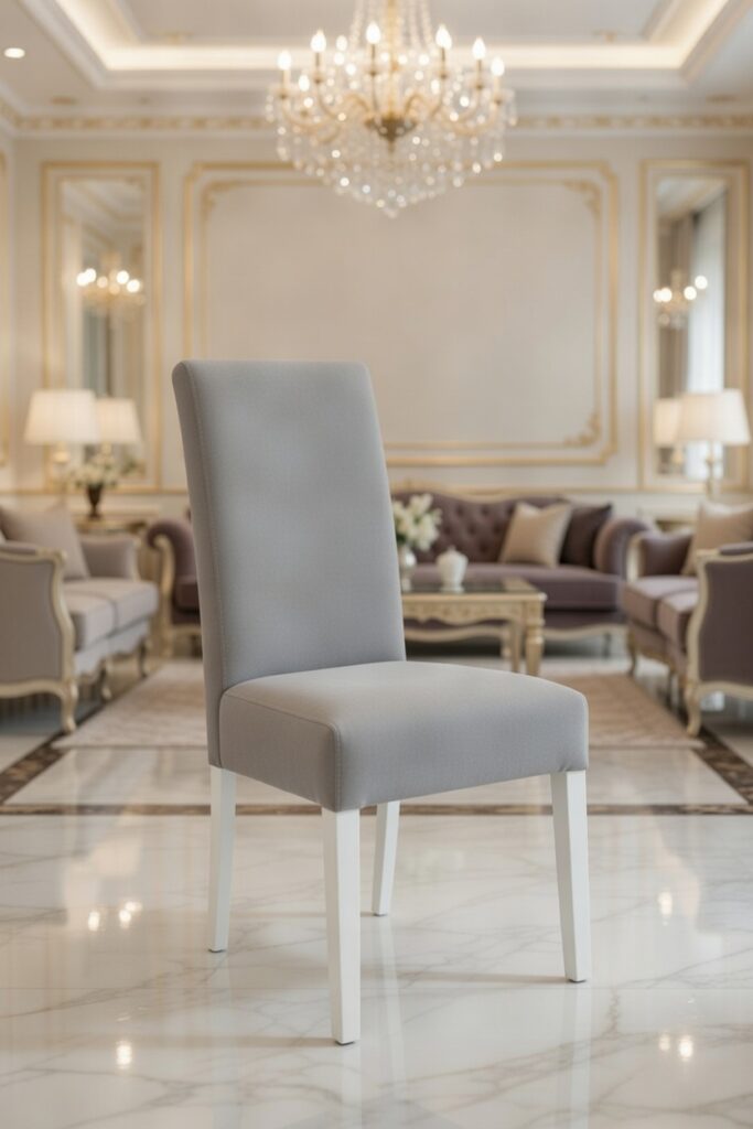 Krzesło K709 z jasną tapicerką i białymi nogami stojące w eleganckim, bogato zdobionym salonie z marmurową podłogą i złotymi akcentami.