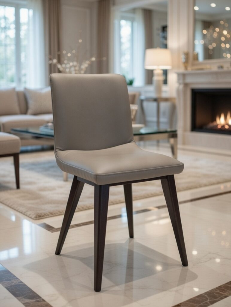 Krzesło K710 z jasnoszarą tapicerką i drewnianymi nogami stojące w eleganckim salonie z kominkiem, sofą i stolikiem kawowym.
