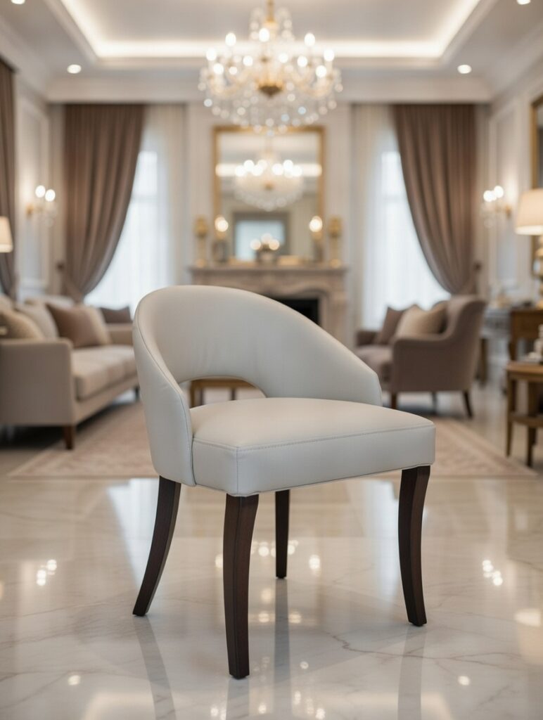 Krzesło K711 z jasną tapicerką i drewnianymi nogami stojące w eleganckim, bogato zdobionym salonie z kominkiem, żyrandolami i klasycznymi meblami.