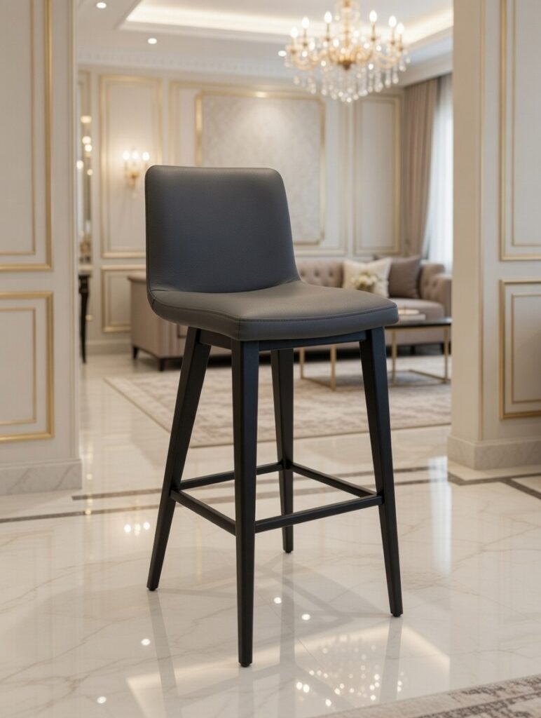 Hoker K712 z ciemnoszarą tapicerką i czarnymi nogami stojący w eleganckim pomieszczeniu z marmurową podłogą, żyrandolami i klasycznymi dekoracjami.