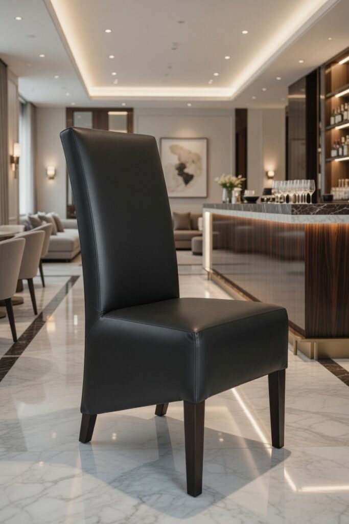 Krzesło K713 z czarną skórzaną tapicerką i drewnianymi nogami stojące w eleganckim pomieszczeniu z marmurową podłogą, barem i nastrojowym oświetleniem.