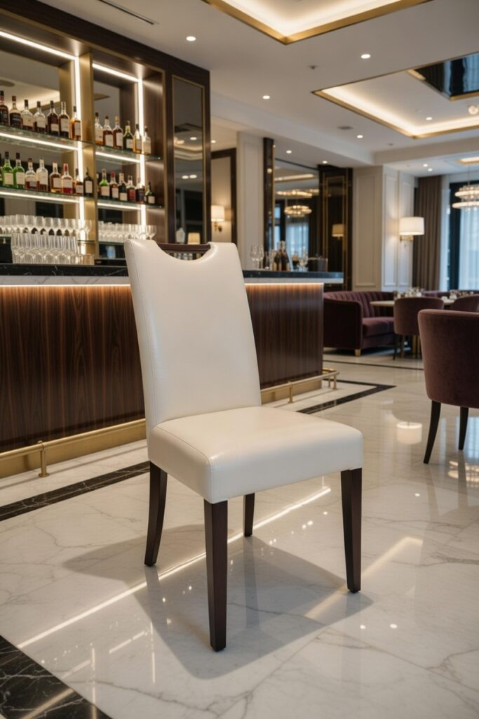 Krzesło K714 z białą tapicerką i drewnianymi nogami stojące w eleganckim pomieszczeniu z marmurową podłogą, podświetlanym barem i złotymi akcentami.
