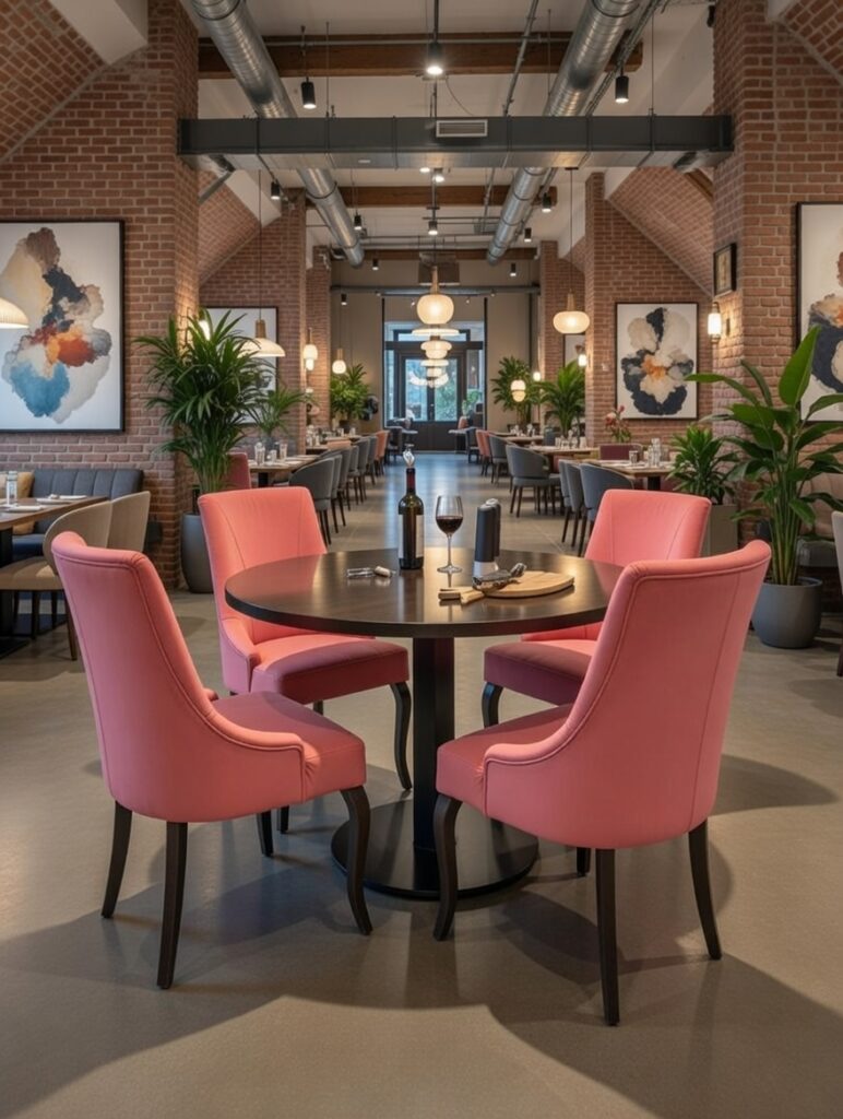 Krzesła K715 w koralowej tapicerce ustawione wokół drewnianego stołu w eleganckiej restauracji z roślinami, obrazami i industrialnymi detalami.