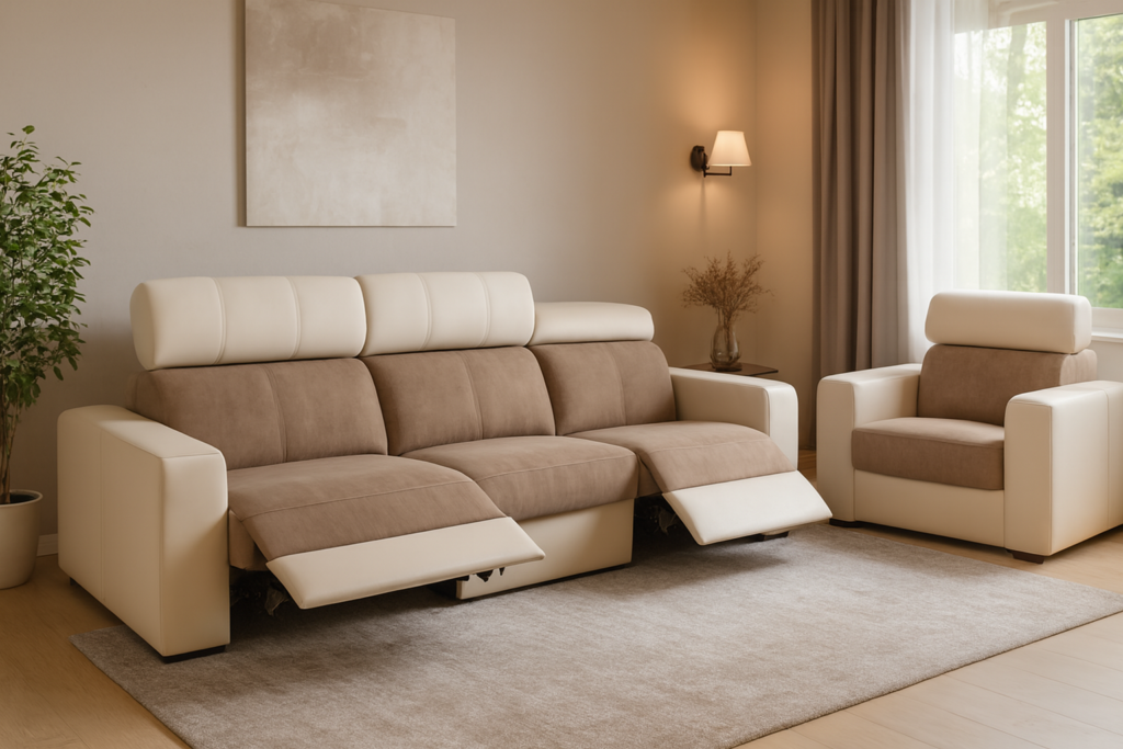 Beżowo‑brązowy zestaw wypoczynkowy z funkcją relaksu w nowoczesnym, jasnym salonie.