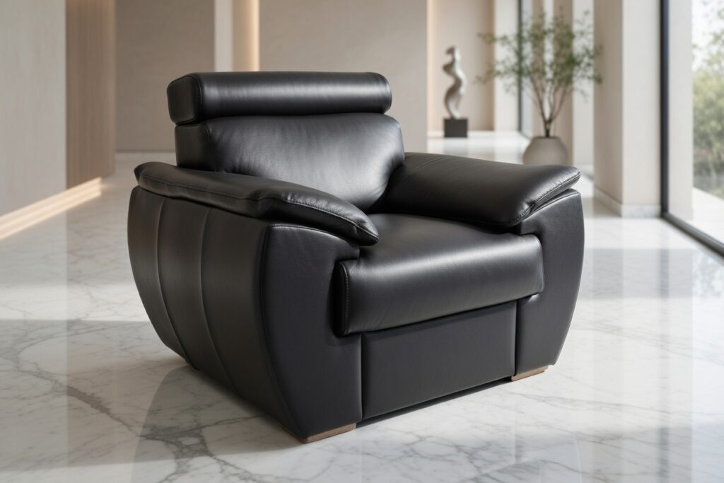 Fotel M005 w czarnej tapicerce w jasnym, minimalistycznym wnętrzu.