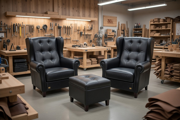 Fotel M089 w czarnej tapicerce z pikowanym oparciem, ustawiony w warsztacie stolarskim w otoczeniu narzędzi i drewnianych elementów.